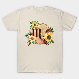 Scorpio Zodiac Horoscope Maroon and Sunflower Floral Monogram T-Shirt